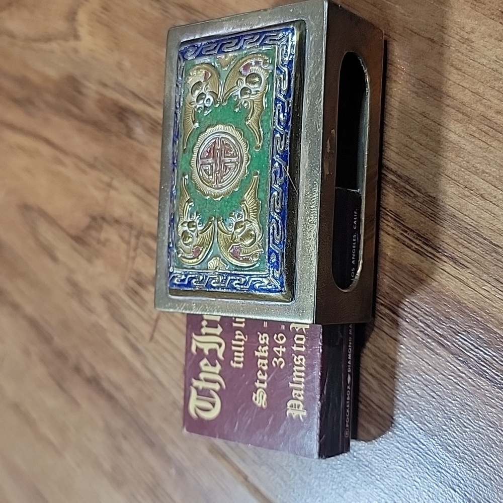Antique Cloisonne Brass Cigarette & Matchbox Holder - Picture 7 of 14